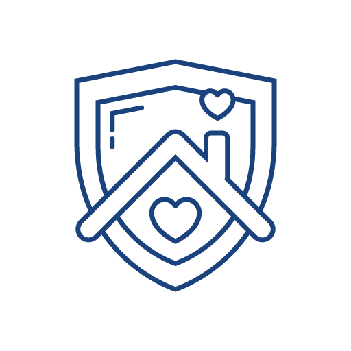 Logo showing a house within a shield with a heart on the front and a heart above the smokestack