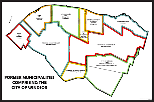 Map of former municipalities comprising the City of Windsor
