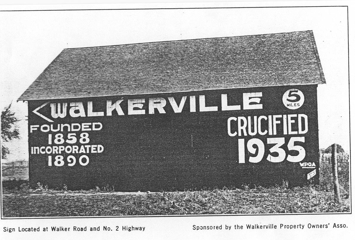 Barn with message, Walkerville crucified 1935