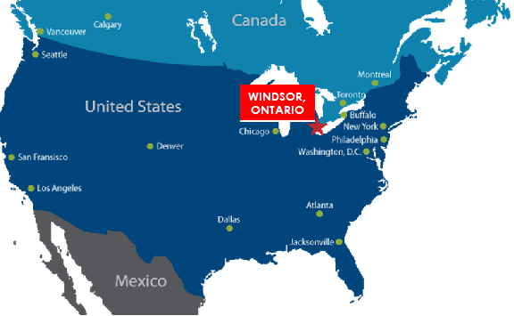 Map of North American with Windsor, Ontario higlighted