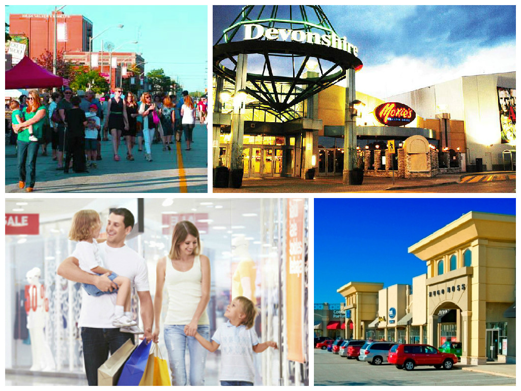 Collage with outdoor shoppers, Devonshire Mall, Windsor Crossing and a family shopping in a mall