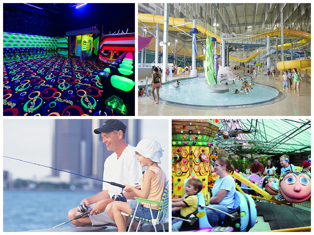 Collage showing indoor and outdoor family fun facilities