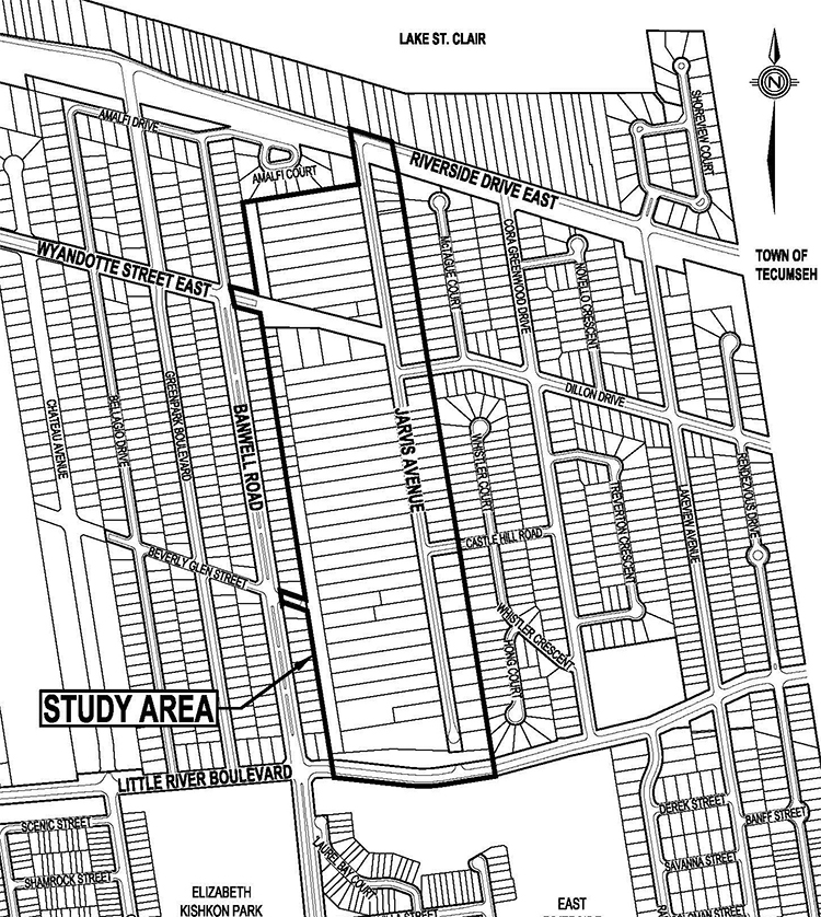 Map of Environmental Assessment study area, Wyandotte East to Jarvis, as detailed