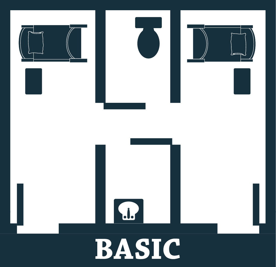 Graphic showing a basic room, including two bedrooms and one shared bathroom