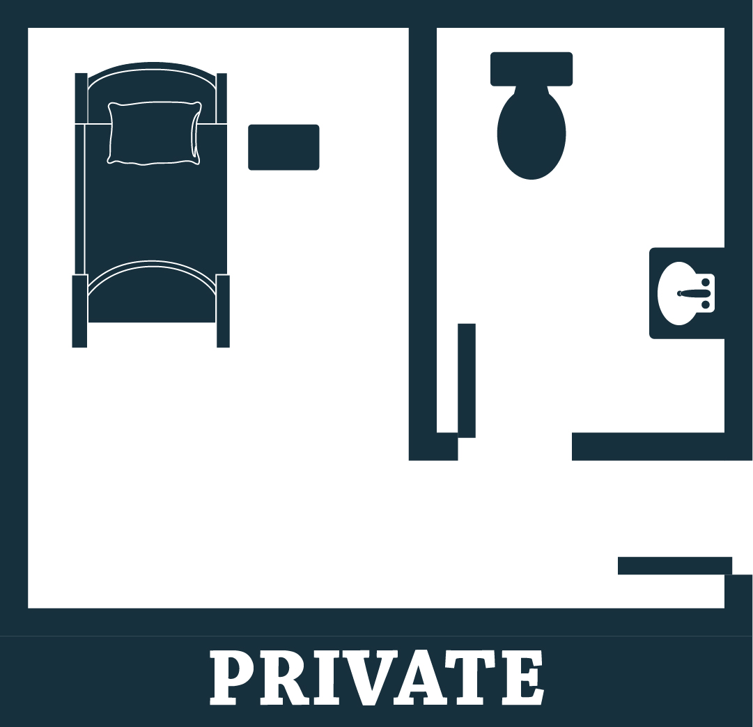 Graphic showing a private room, including one bedroom with its own bathroom