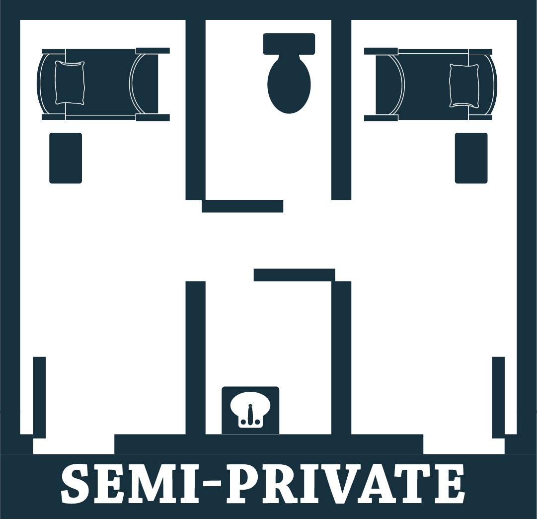 Graphic showing a semi-private room, including two bedrooms and one shared bathroom