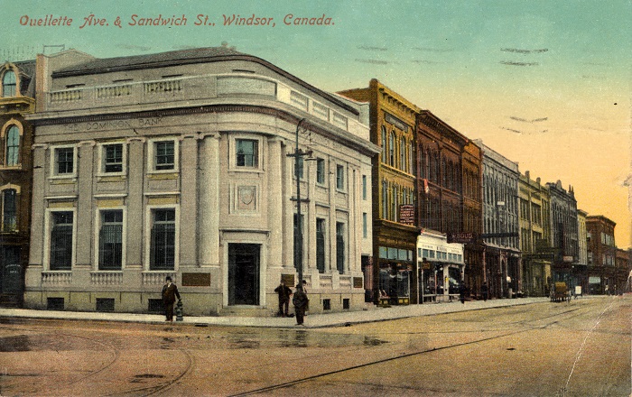Historical postcard showing the facade at Ouellette and Sandwich