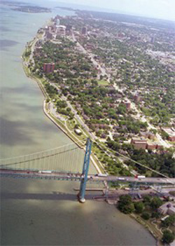 Aerial view of Ambassador Bridge, Detroit River and Windsor's riverfront and downtown