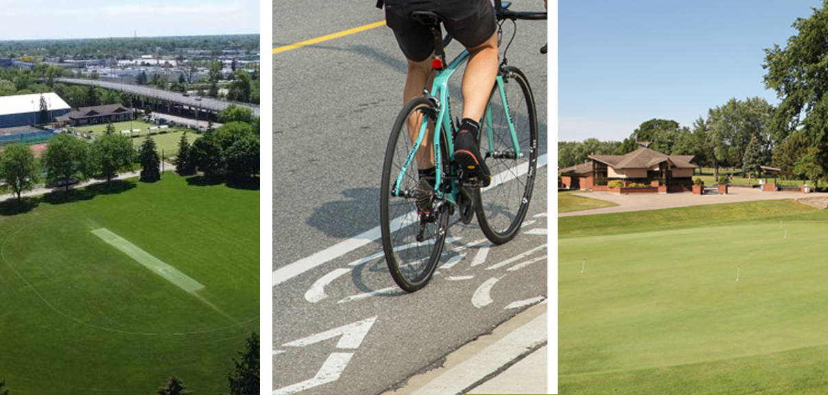 Collage of fields and courts at Jackson Park, a cyclist in a bike lane, and the Roseland golf course