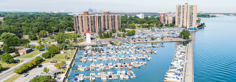 Daytime aerial view of marina from the east