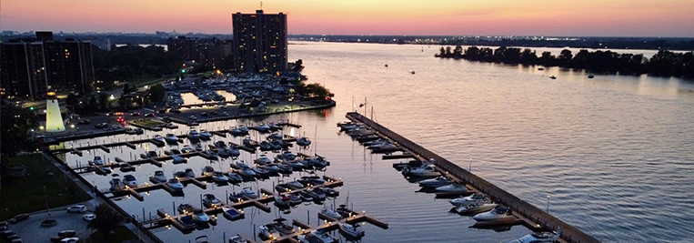 Aerial view of marina in the evening from the east