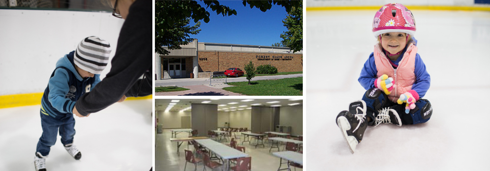 Forest Glade Arena collage of front entrance, meeting space and young skaters