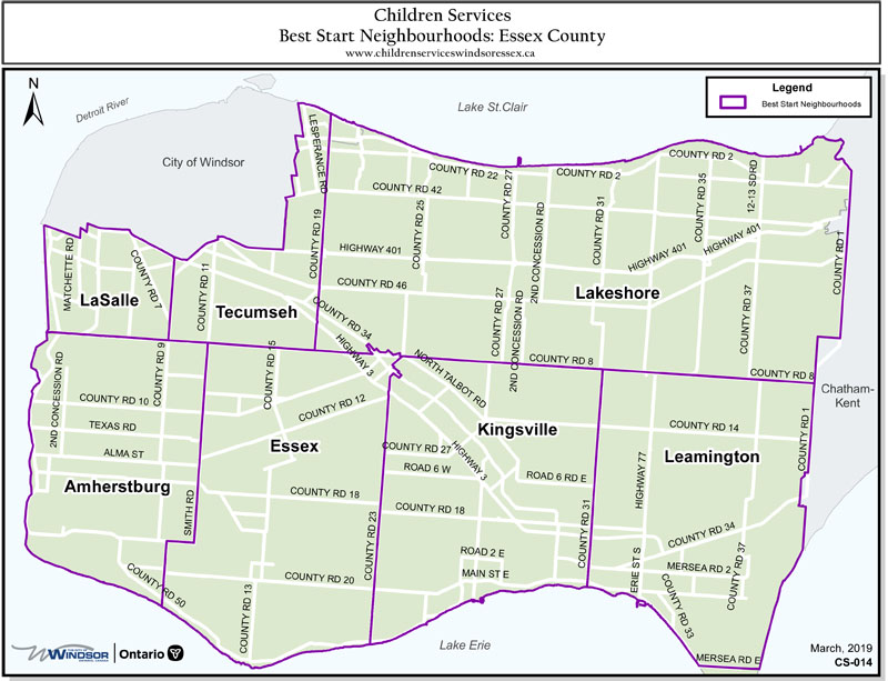 Map of Essex County Best Start Neighbourhoods