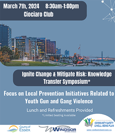 Ignite Change and Mitigate Risk, Knowledge Transfer Symposium flyer with image of downtown Windsor riverfront park and buildings