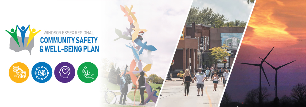 Community Safety and Well-Being Plan logo with collage of people enjoying the sculpture park in Windsor, walking along a town street in summer, and windmills