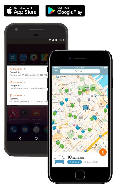 ChargePoint messaging and map examples and logos, Download on the App Store, Get it on Google Play