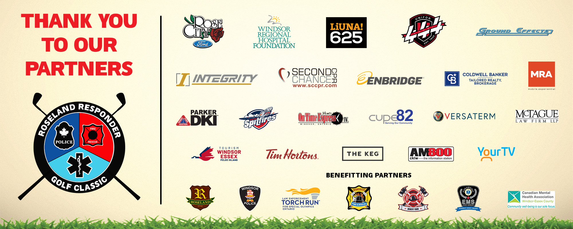 Words, Thank you to our partners with Roseland Responder Golf Classic tournament logo. Partners listed below.