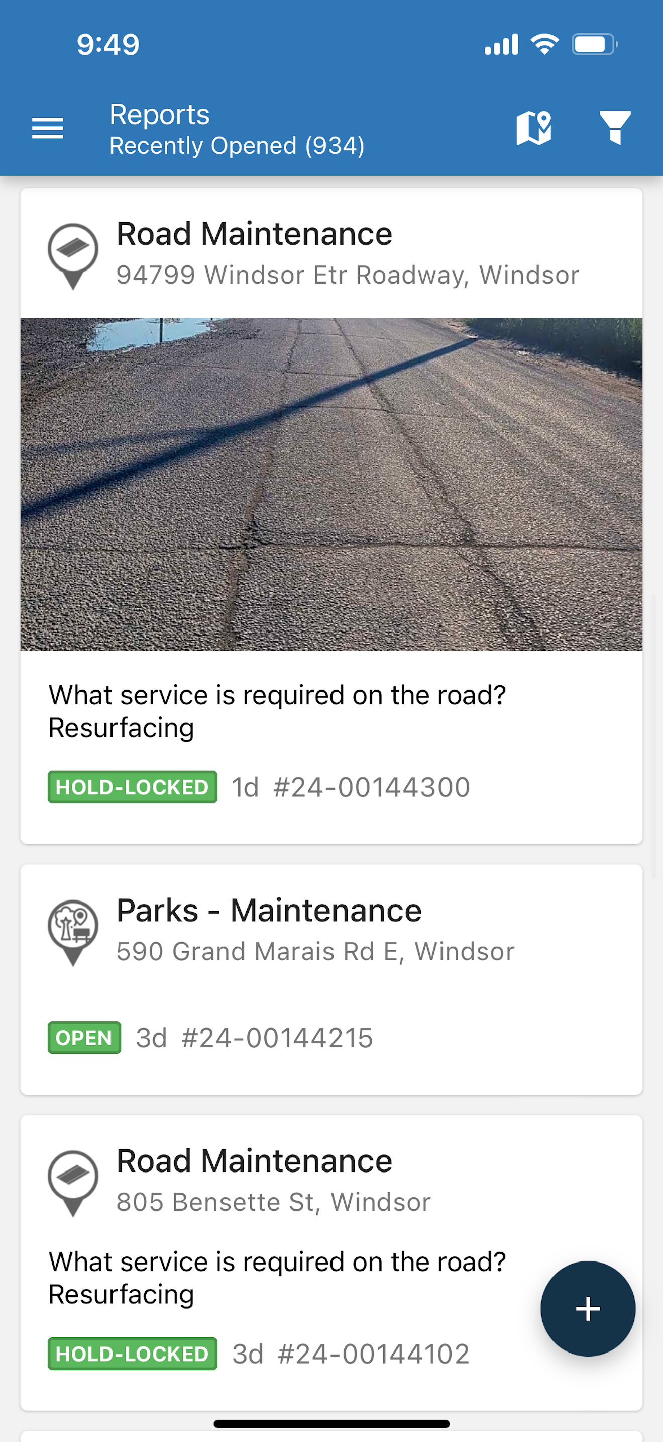 Windsor 311 Mobile App sample of service options, including road maintenance and parks maintenance