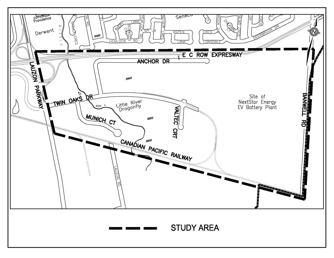 Twin Oaks study area map, bounded by Lauzon Parkway in the west, Banwell Road in the east, E.C. Row Expressway in the north, and Canadian Pacific Railway in the south