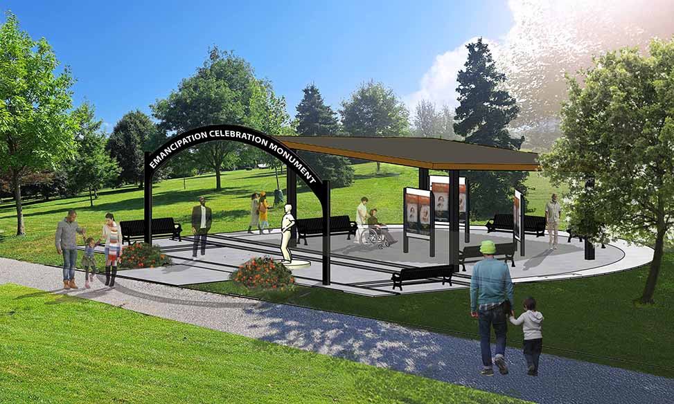 Site design of people enjoying the Emancipation Celebration Monument, with seating areas and pathways in Jackson Park