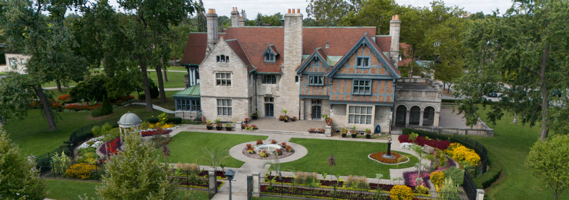 Aerial view of Willistead Manor exterior and gardens