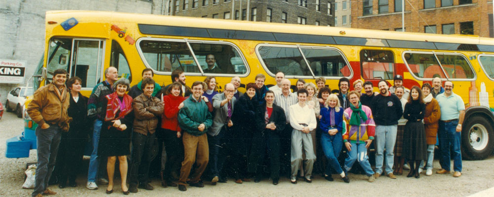 English and French radio staff in front of the CBE 1550 promotional bus, circa 1993.  English and French radio staff in front of the CBE 1550 promotional bus, circa 1993.