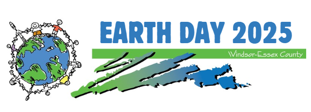 Earth Day Windsor-Essex County 2025 logo with drawing of people holding hands around the globe