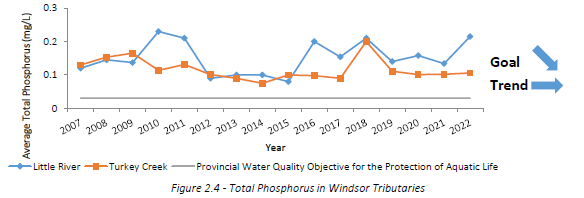 Graph representing the total phosphorus in Windsor's tributaries from 2007 to 2022, as summarized below.