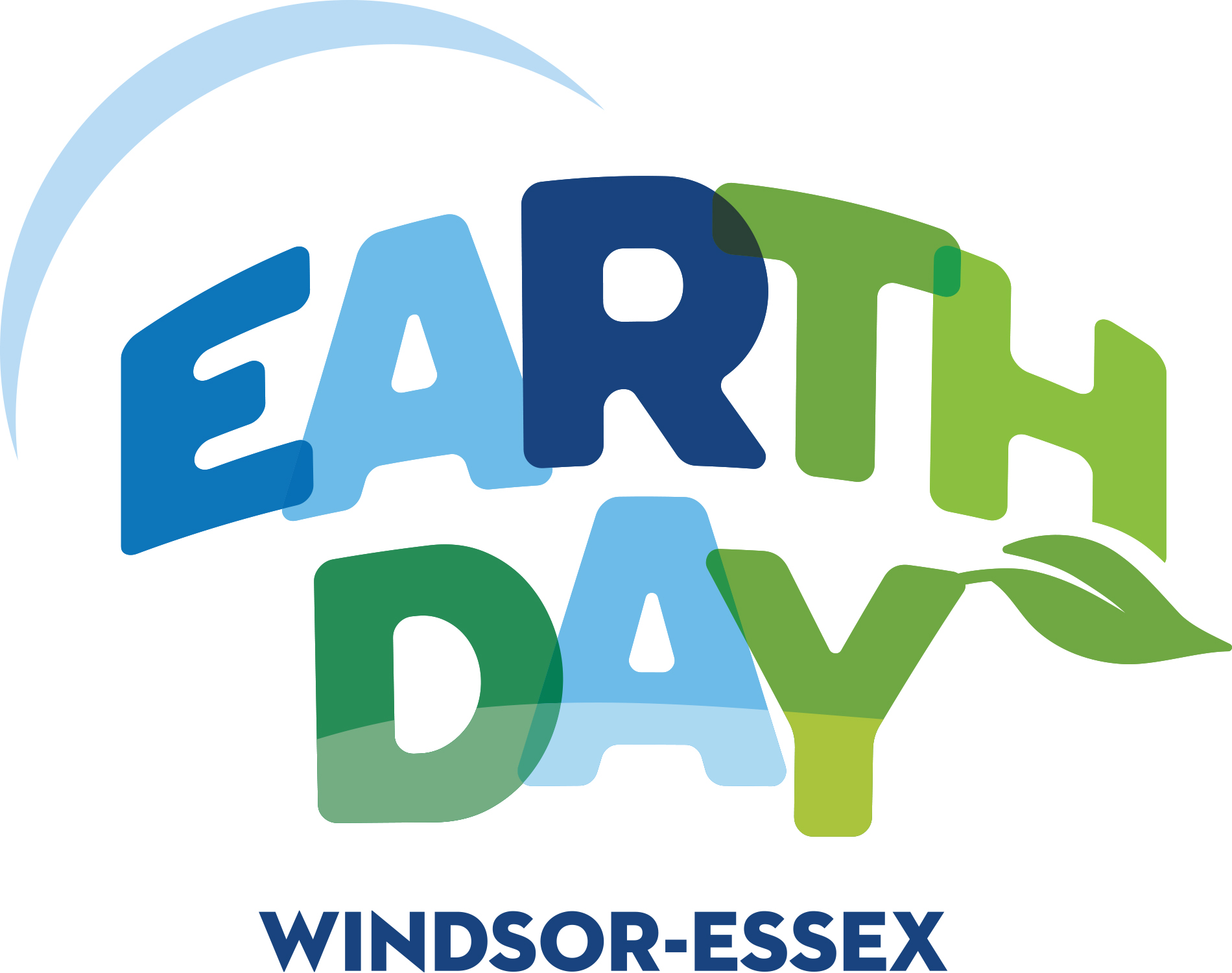 Earth Day Windsor-Essex logo with blue and green stylized letters, and a leaf growing from the letter Y