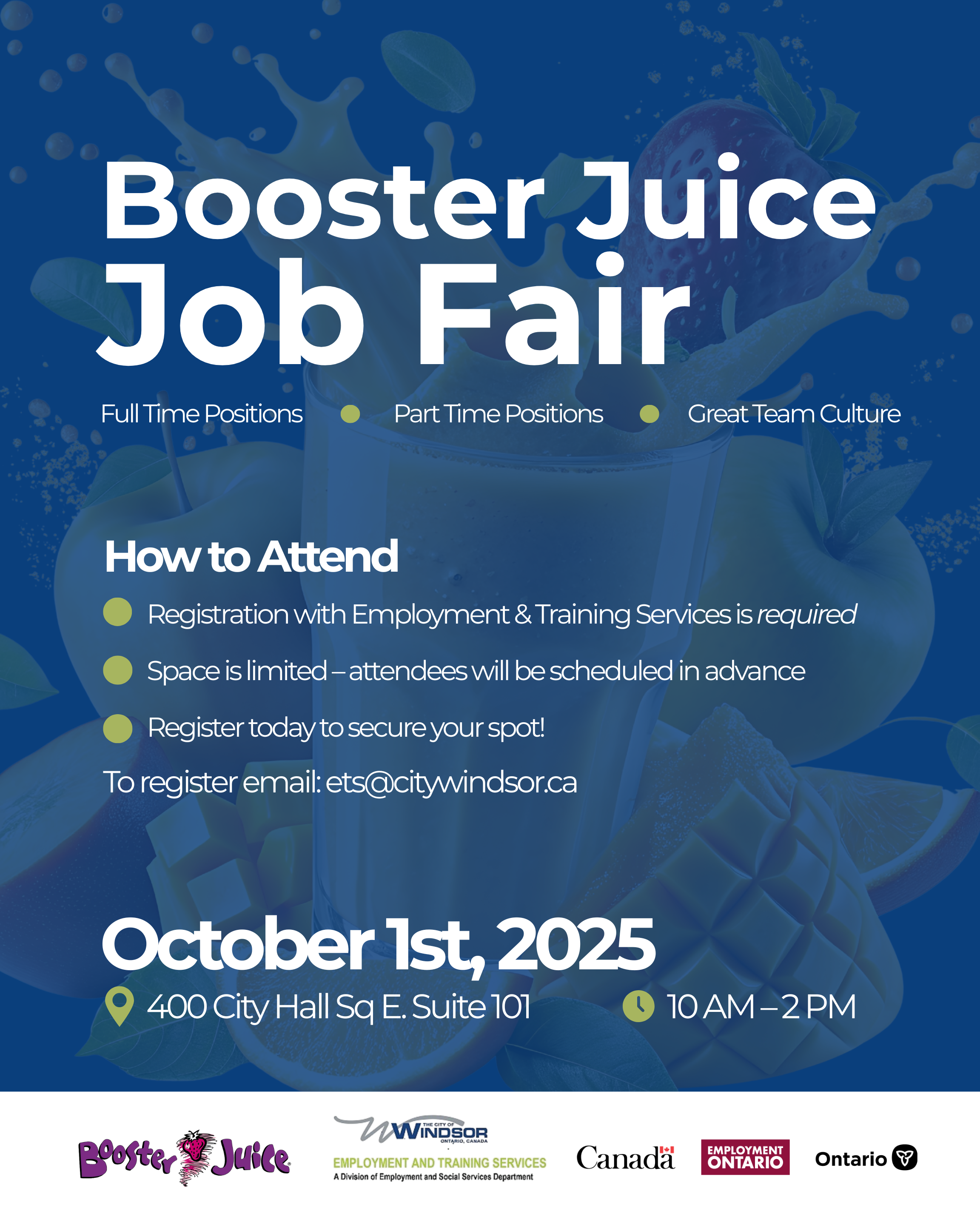 Booster Juice Job Fair flyer, as detailed above, with logos for Booster Juice, City of Windsor Employment and Training Services, Government of Canada, Employment Ontario, and Government of Ontario, and background image of fruit near and splashing into a drink