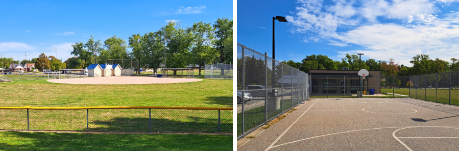 Collage of Optimist Memorial Park baseball and basketball facilities