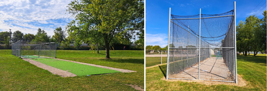 Collage of views of Optimist Memorial Park cricket cage and batting cage