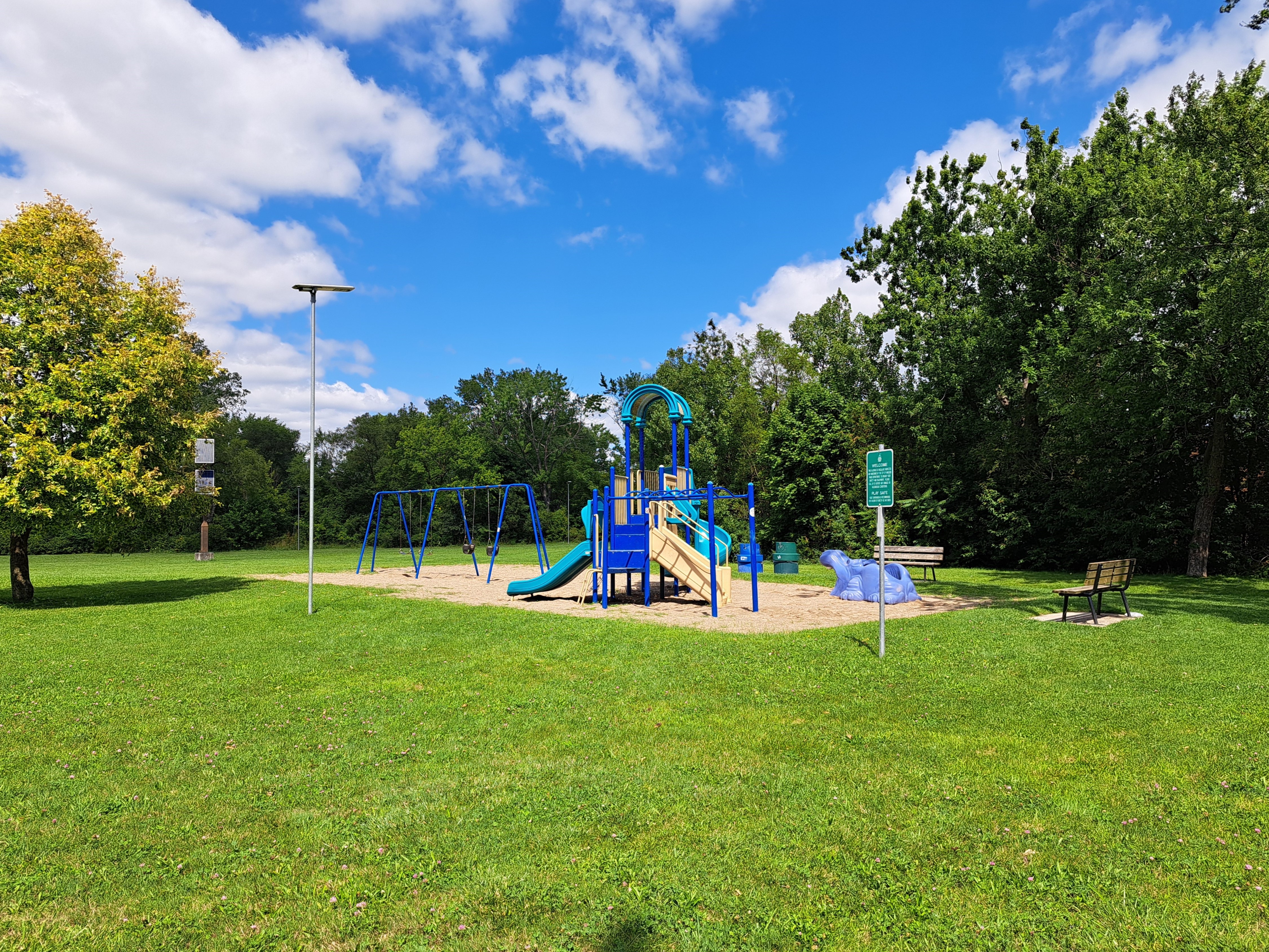 Playground surrounded by green turf and bordered by trees