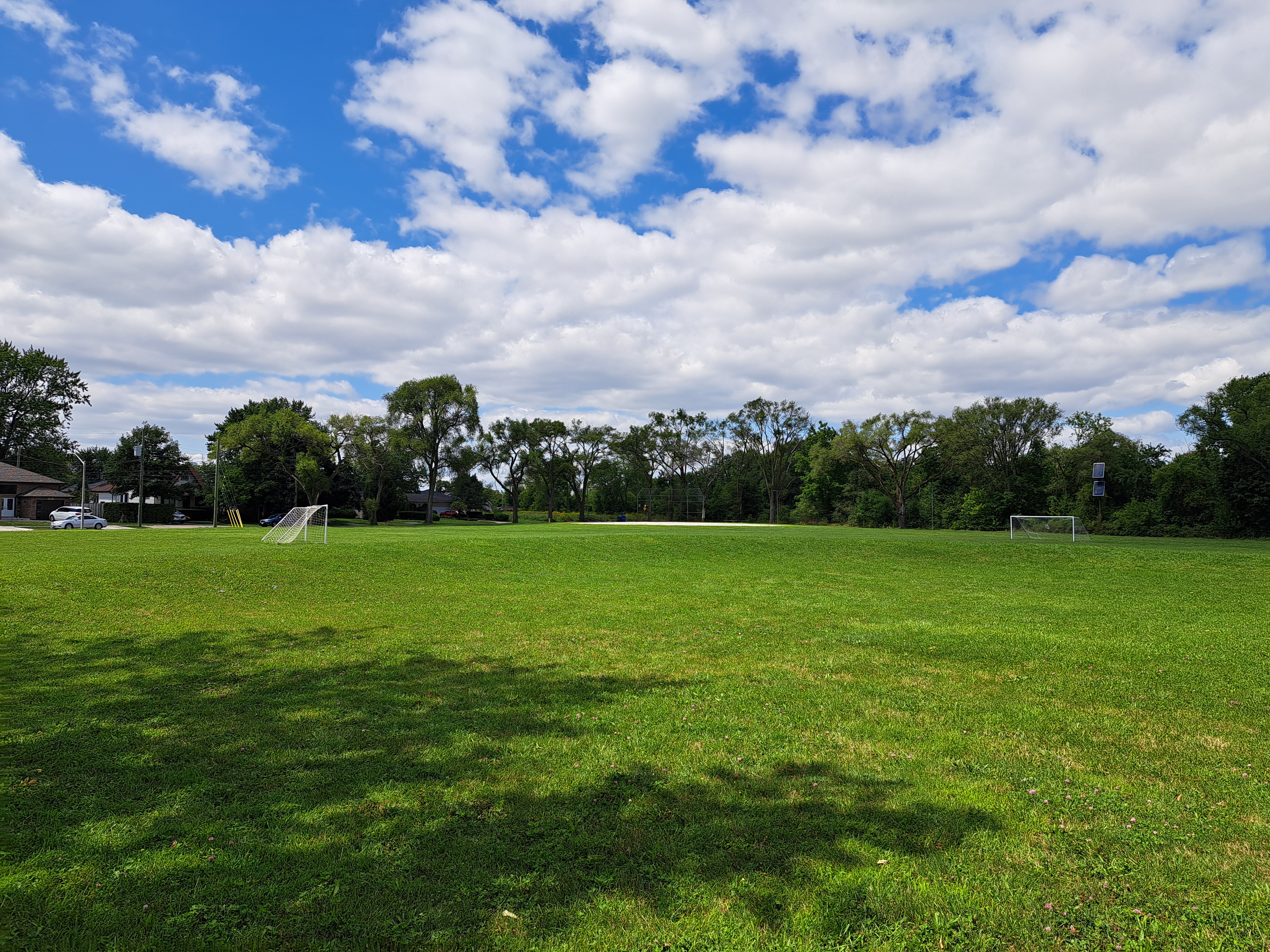 Large green turf area with soccer nets and baseball diamond in the distance