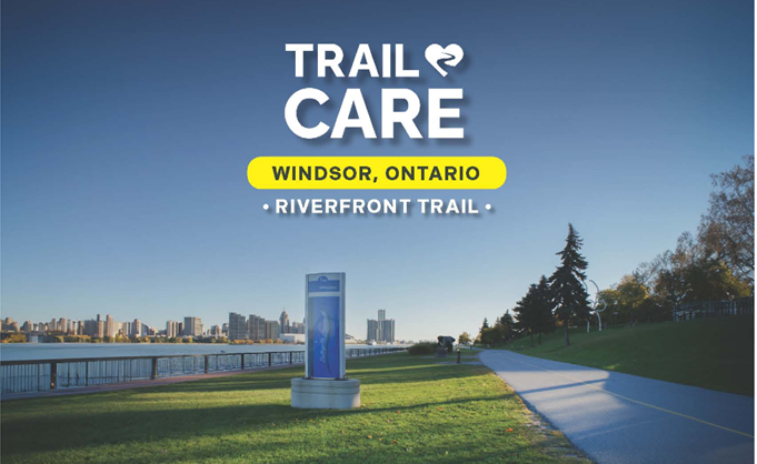 Words, Trail Care, Windsor, Ontario, Riverfront Trail; and image of the riverfront trail with Detroit skyline in background