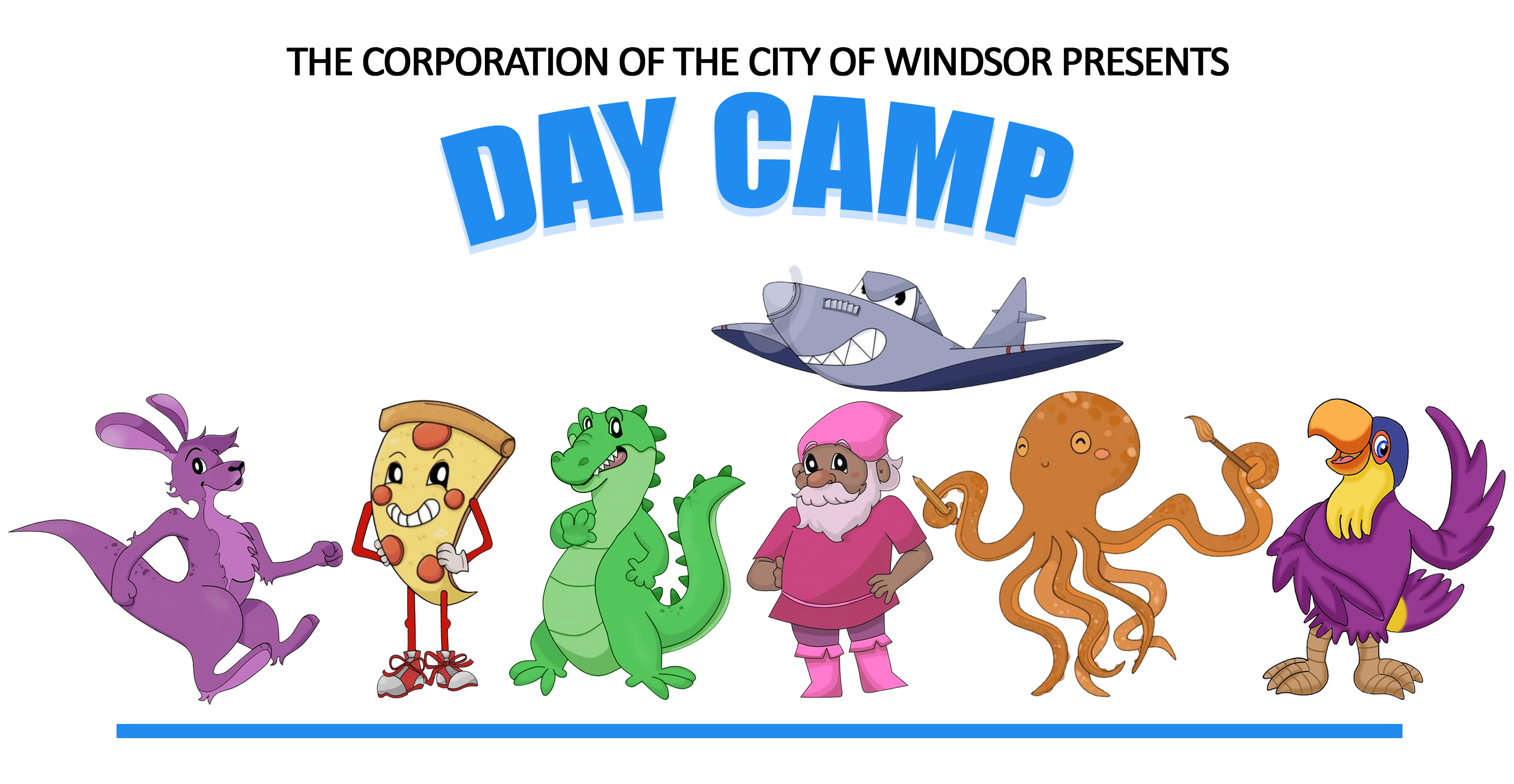 Words, The Corporation of the City of Windsor presents Day Camp, with cartoons of all day camp mascots as described below