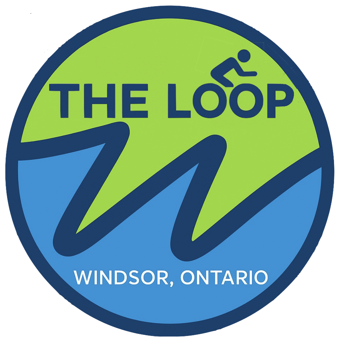 The Windsor Loop Bike Route logo, with drawing of a figure riding the O's in Loop like a bicycle
