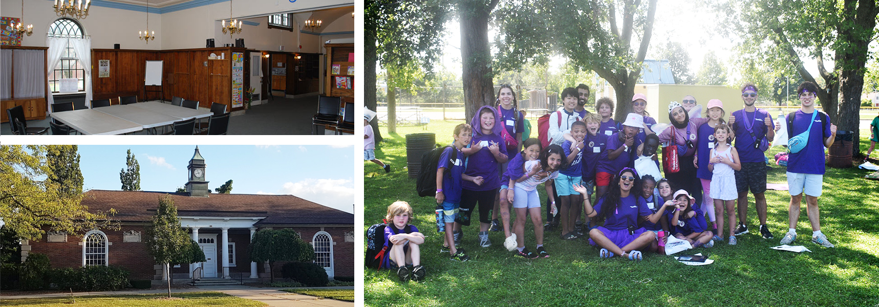 Collage including programming room with tables and chairs, the front of the Adie Knox building with clock tower, and day camp participants smiling as a group