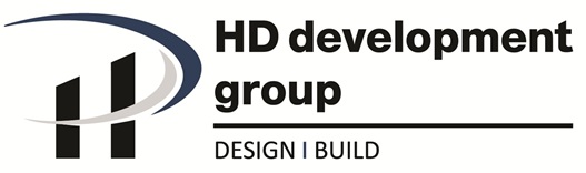 HD Dev. Words, HD Development Groupp Design Build. Image of a letter H with blue and grey lines