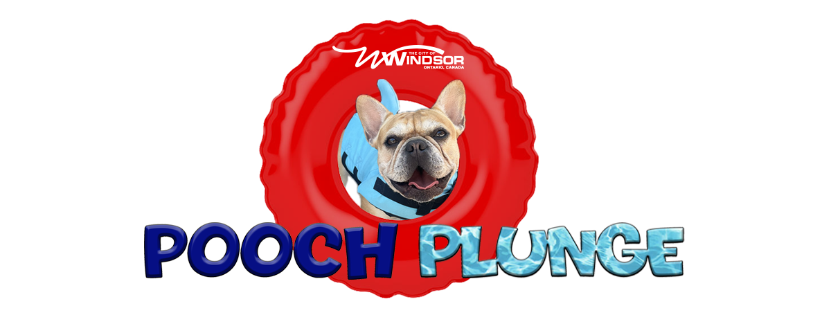 Pool float with French bulldog in a life jacket, words, Pooch Plunge with City of Windsor logo