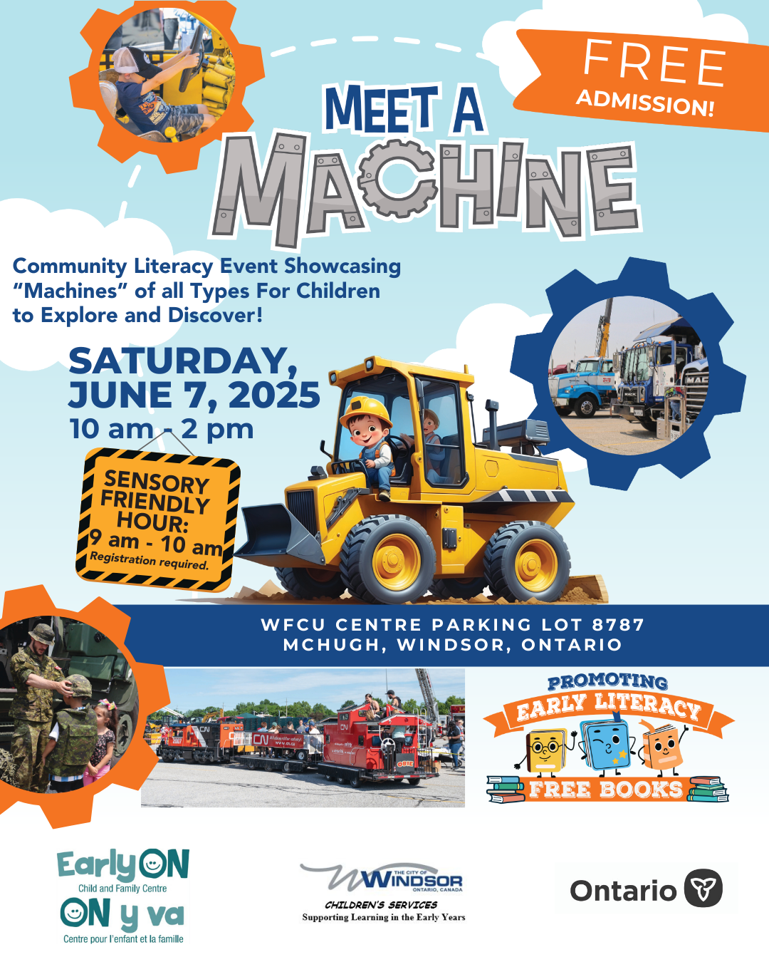 Collage of Meet-A-Machine activities, including miniature trains, military vehicles, and construction and industrial vehicles, promo for free books, and logos for EarlyON, City of Windsor Children's Services, and Government of Ontario