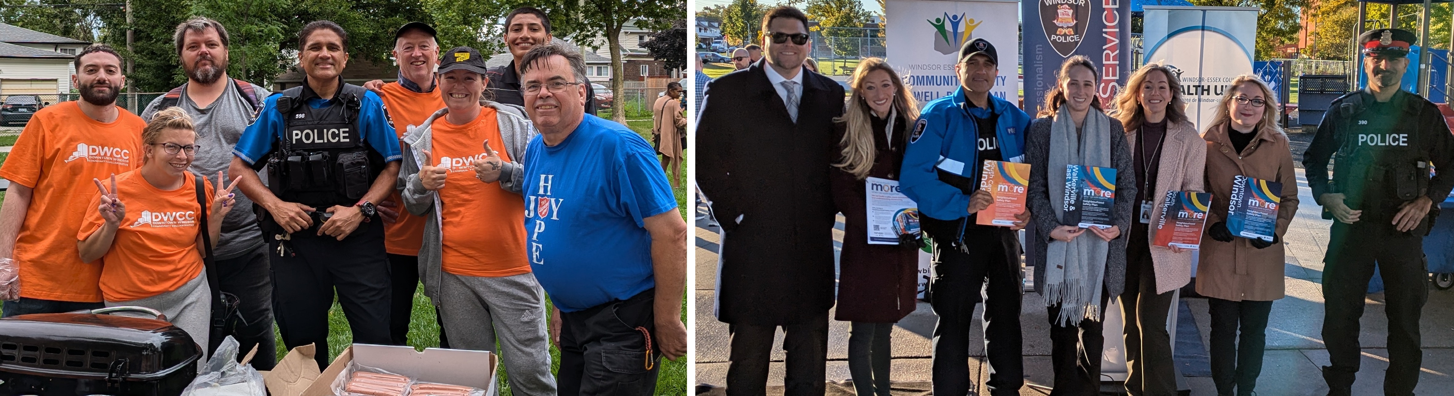 Collage with a photo featuring individuals, including Downtown Windsor Community Collaborative volunteers and a Windsor Police Officer, barbequing; and a photo that features seven individuals outside holding Neighbourhood Safety Plans, two of whom are Windsor Police Service officers