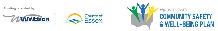Logos for funding providers the City of Windsor and County of Essex, and logo for the Windsor Essex Community Safety and Well-Being Plan