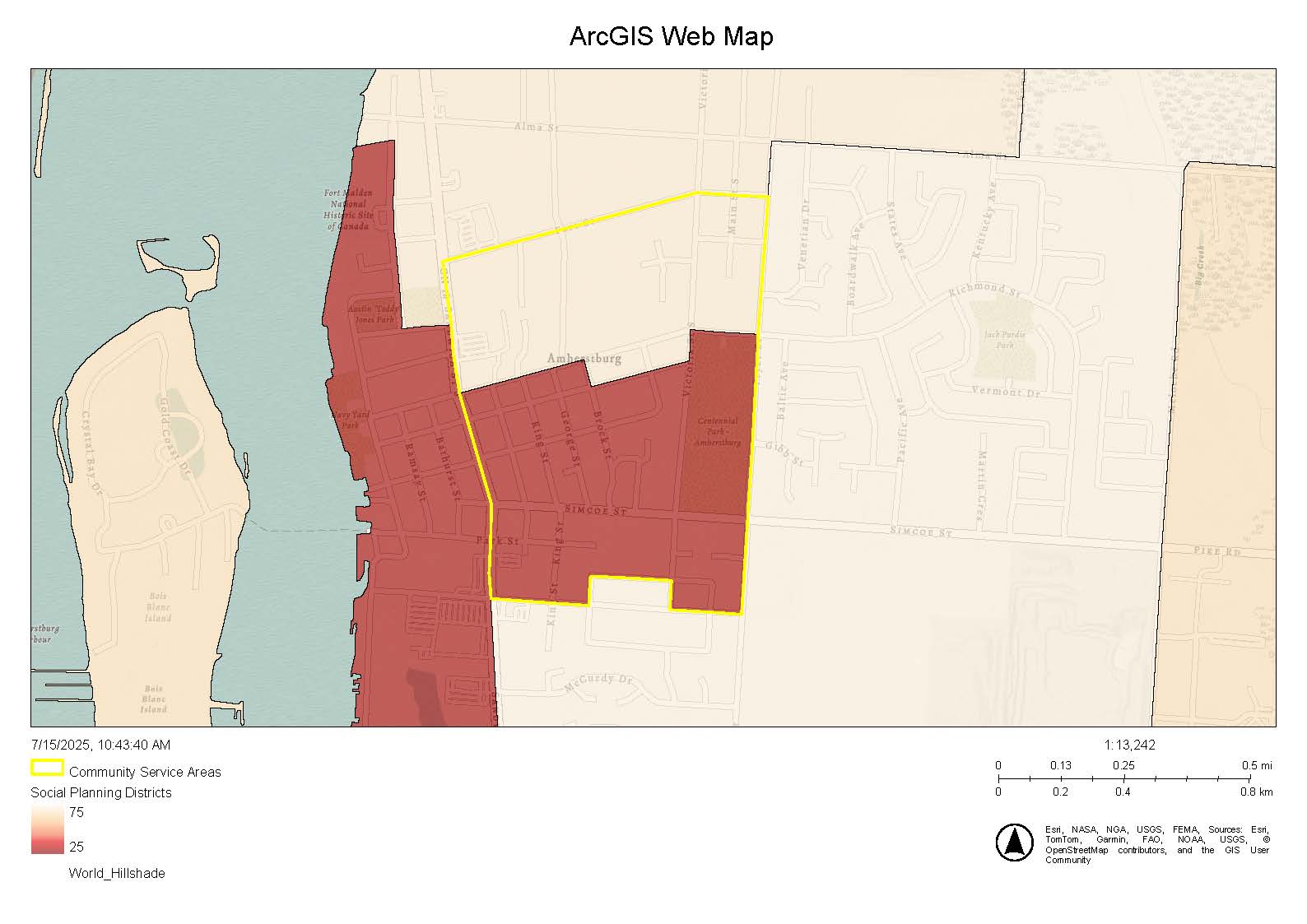 Map showing the borders of the Amherstburg Neighbourhood area