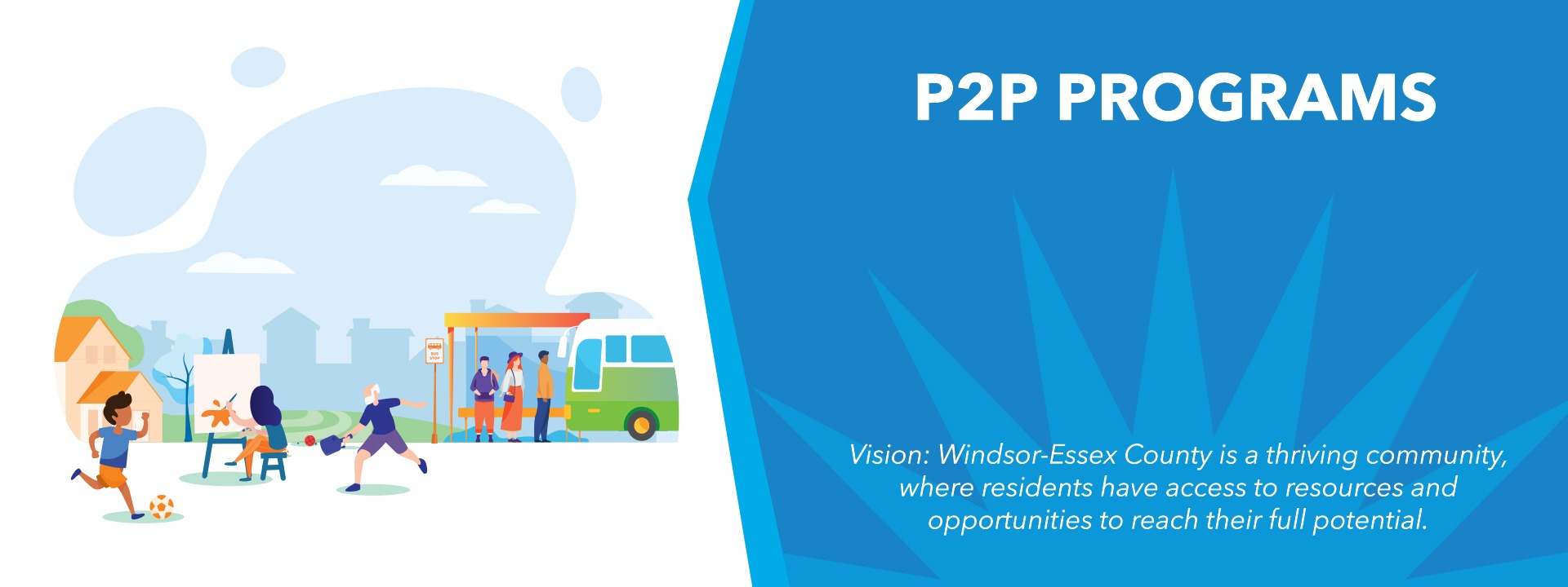 Drawing of people participating in recreational activities and people waiting for the bus, and statement of the P2P vision that Windsor-Essex is a thriving community, where residents have access to resources and opportunities to reach their full potential.