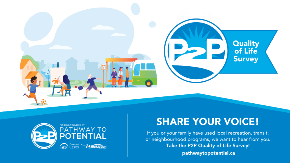 Words, Share your voice. If you or your family have used local recreation, transit, or neighbourhood programs, we want to hear from you. Take the P2P Quality of Life Survey! Image includes drawing of people participating in recreational activities and people waiting for the bus
